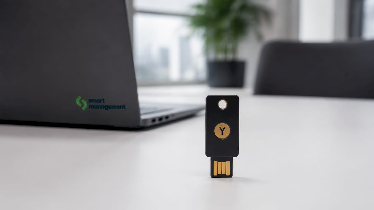 Виждаме отблизо YubiKey хардуерен токен, поставен върху бюро.