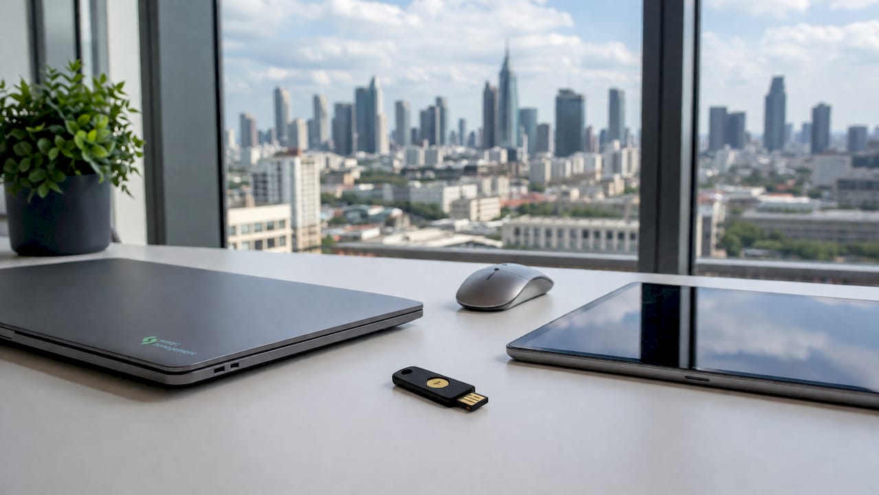 YubiKey устройство, поставено върху бюрото в офис среда, оборудвана с модерна техника