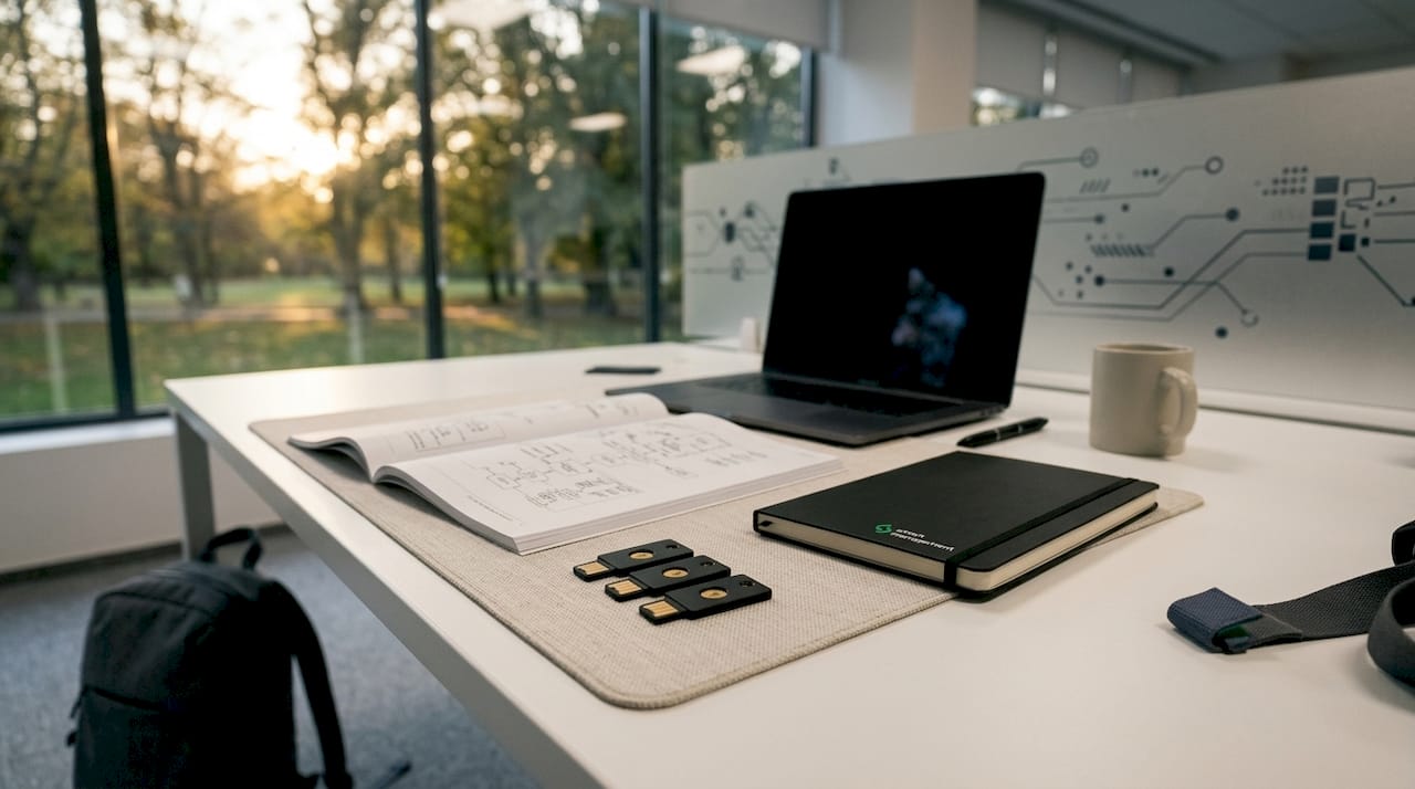 YubiKey устройства, разположени върху работното бюро, до тях — техническа документация и инструкции.