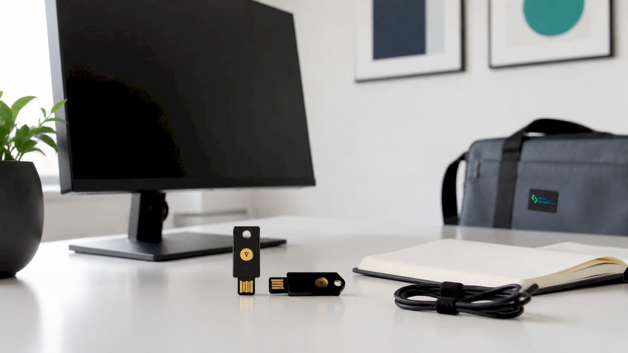 Хардуерни ключове YubiKey, поставени върху бюро в технологичен офис