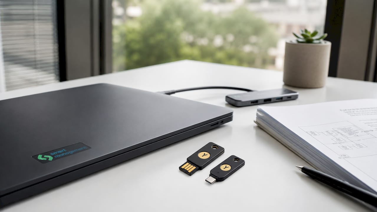 На бюрото на програмиста до лаптопа са разположени няколко устройства YubiKey.